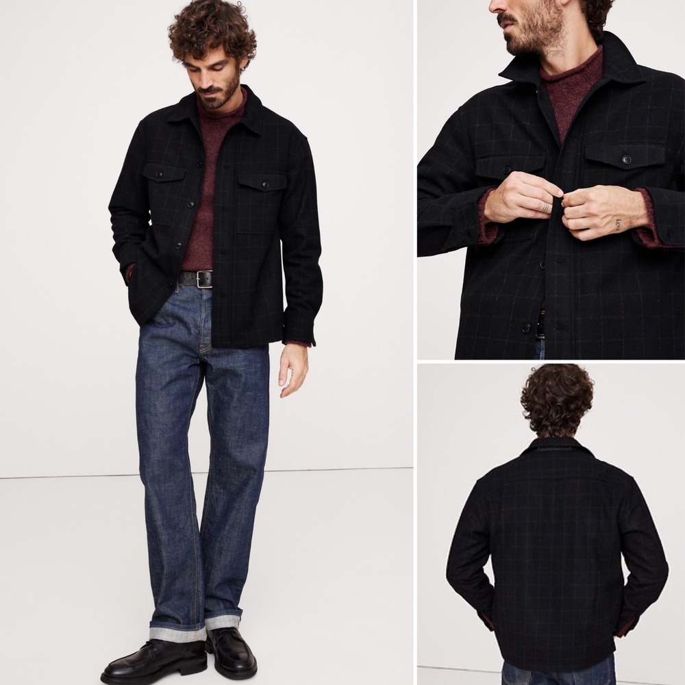 NWT Banana Republic Relaxed Fit Wool Blend‎ Overshirt MEDIUM Navy Plaid Shirt